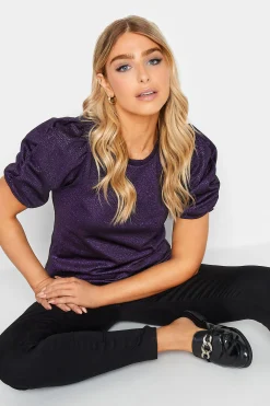M&Co Womens M&Co Purple Shimmer Ruched Sleeve Blouse