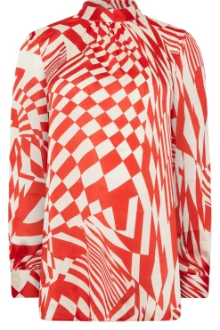 M&Co Womens M&Co Red & White Abstract Print High Neck Satin Blouse