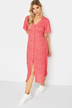 M&Co Womens M&Co Red Ditsy Spot Print Midi Button Through Tea Dress