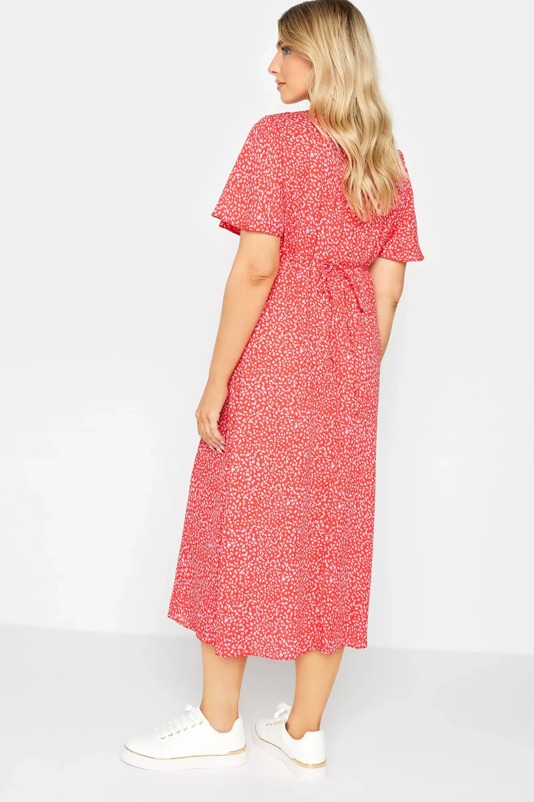 M&Co Womens M&Co Red Ditsy Spot Print Midi Button Through Tea Dress