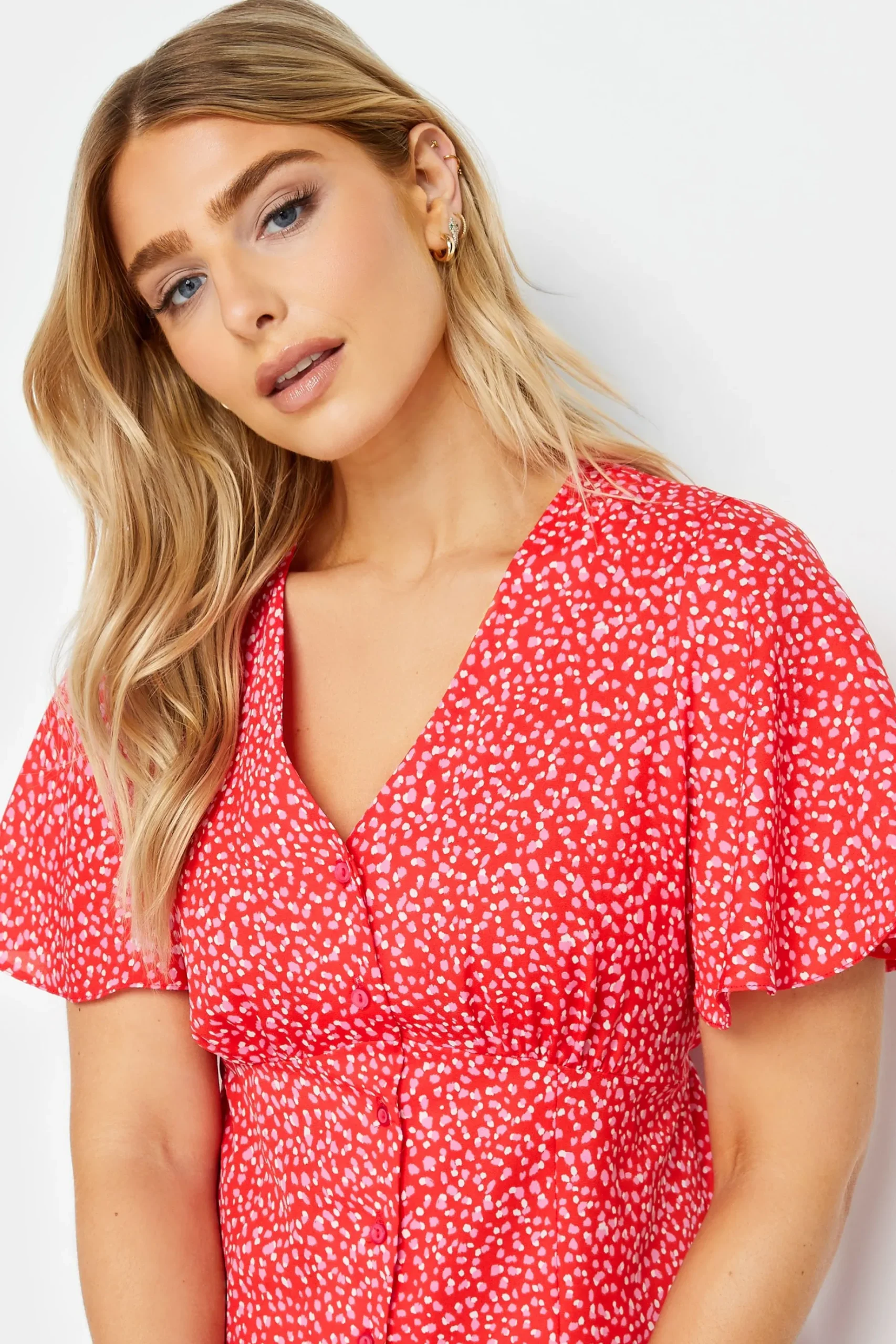 M&Co Womens M&Co Red Ditsy Spot Print Midi Button Through Tea Dress