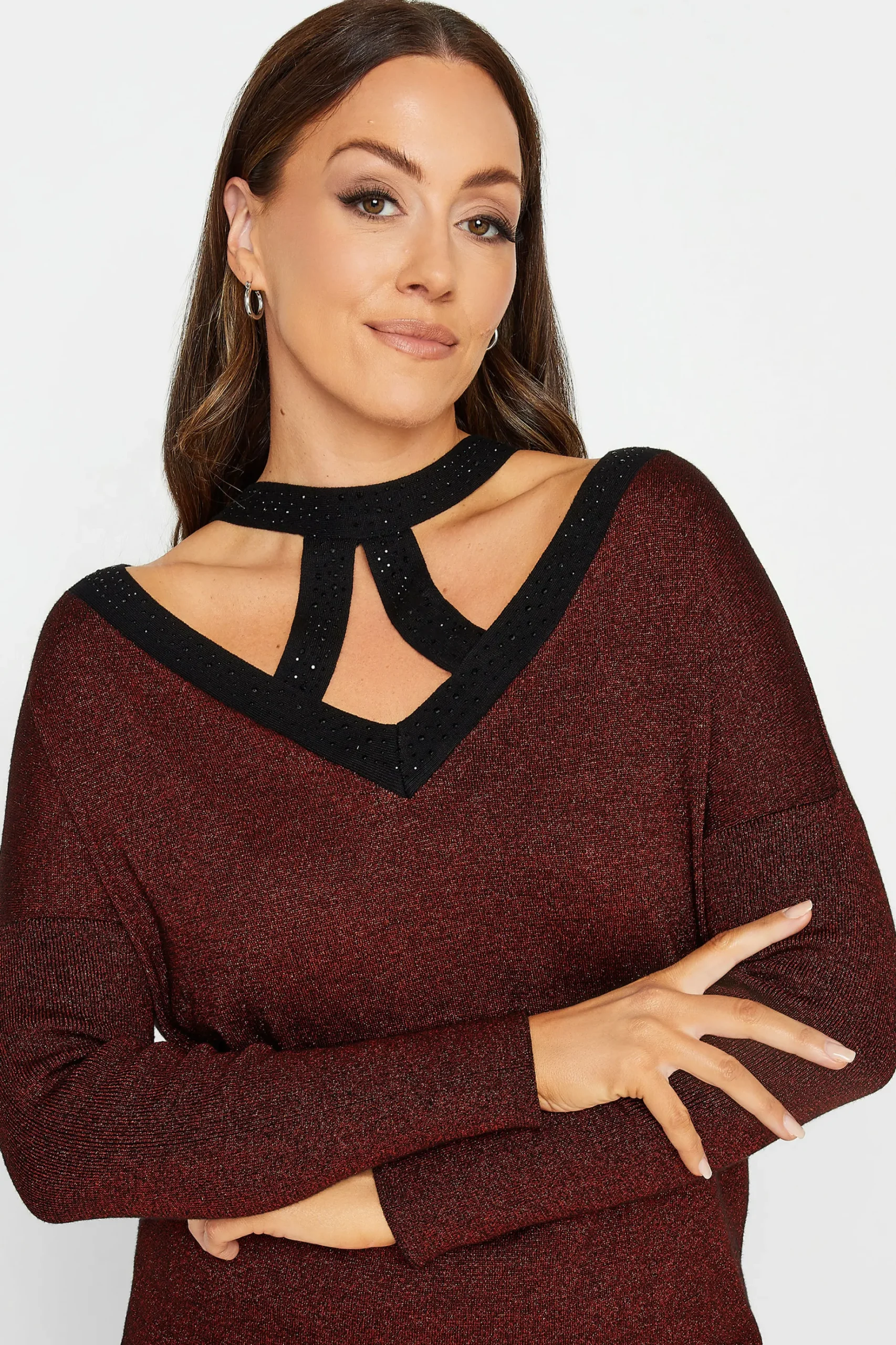 M&Co Womens M&Co Red Glitter Cut Out Tunic Jumper
