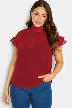 M&Co Womens M&Co Red High Neck Frill Sleeve Blouse