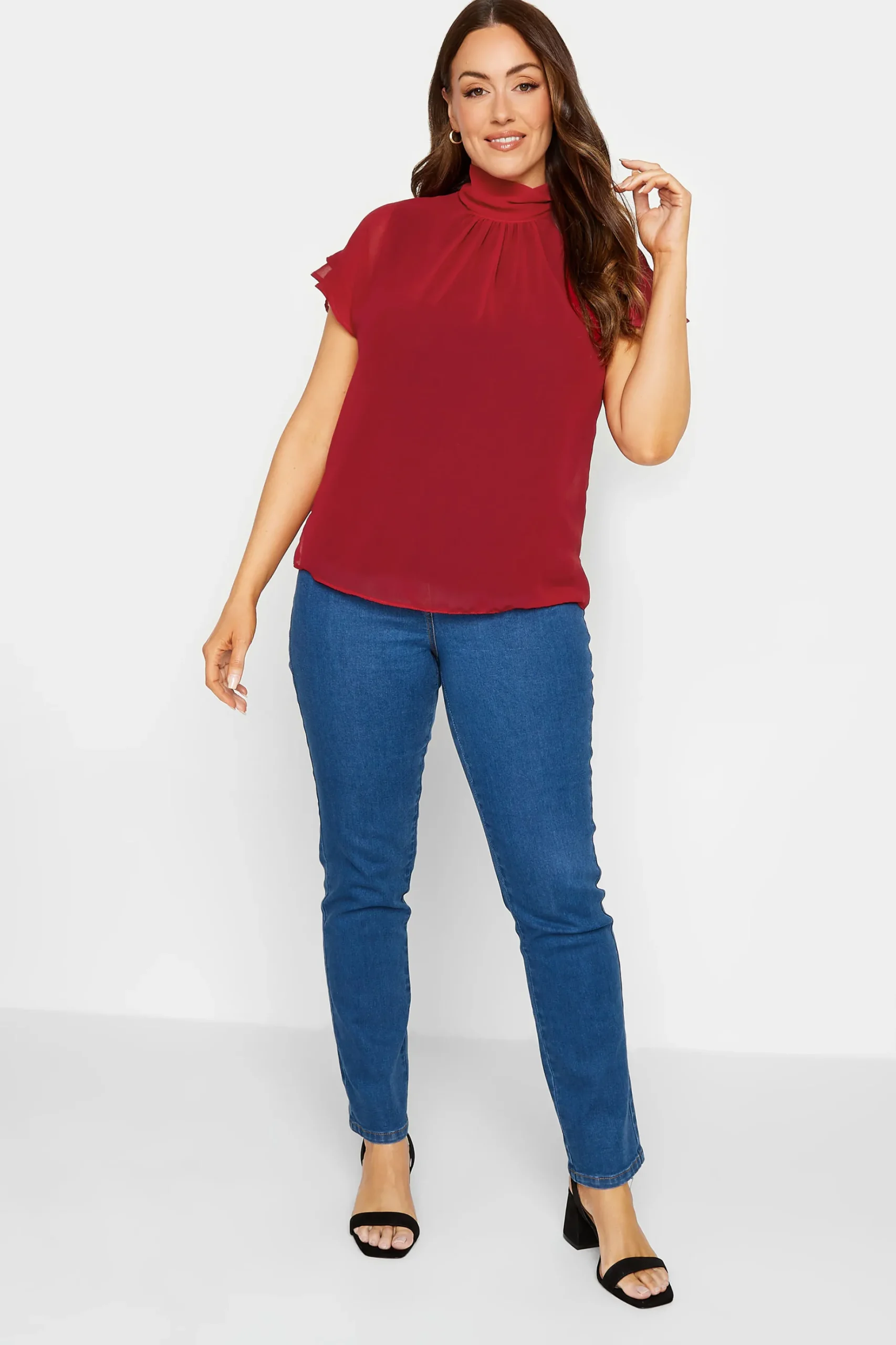 M&Co Womens M&Co Red High Neck Frill Sleeve Blouse