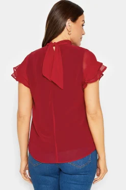 M&Co Womens M&Co Red High Neck Frill Sleeve Blouse