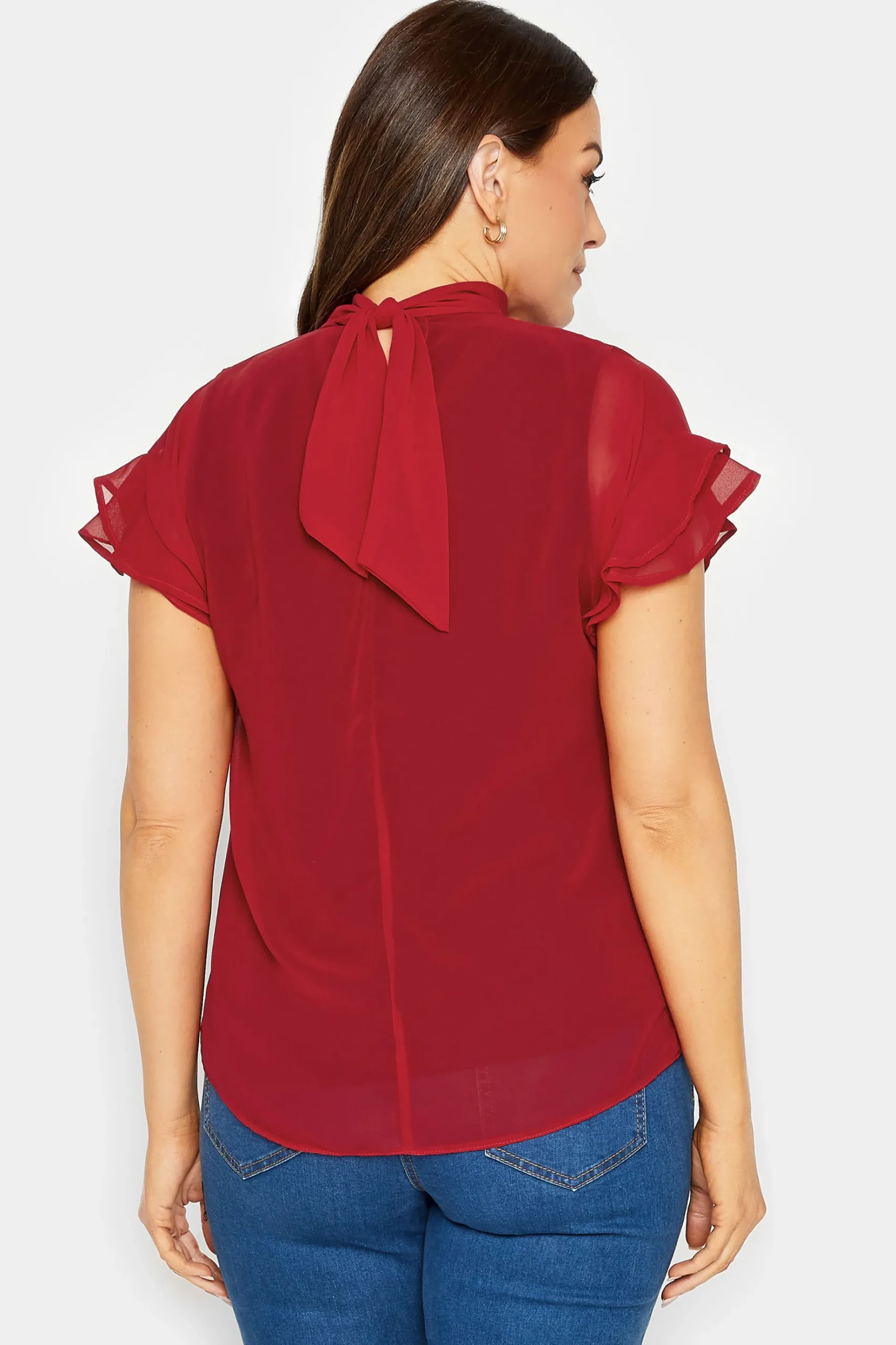 M&Co Womens M&Co Red High Neck Frill Sleeve Blouse