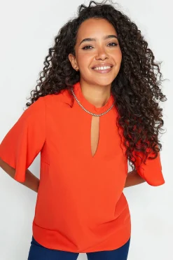 M&Co Womens M&Co Red Keyhole Sequin Blouse