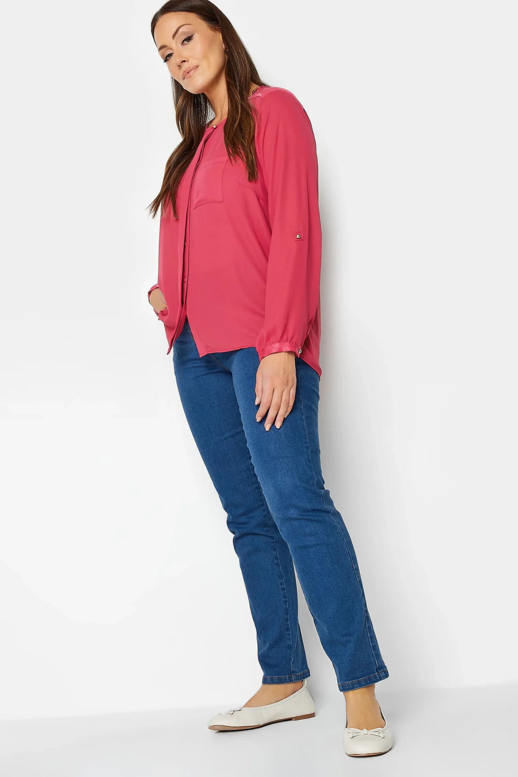 M&Co Womens M&Co Red Satin Contrast Panel Shirt