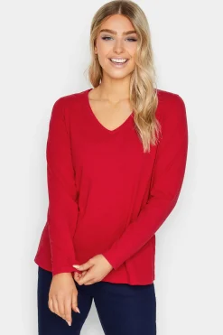 M&Co Womens M&Co Red V-Neck Long Sleeve Cotton Blend T-Shirt