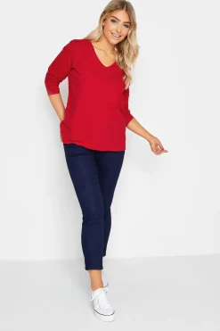 M&Co Womens M&Co Red V-Neck Long Sleeve Cotton Blend T-Shirt