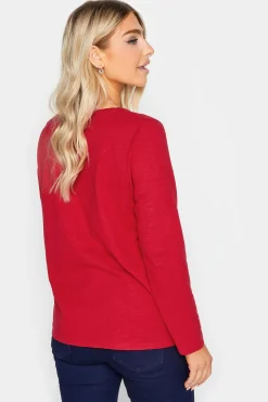 M&Co Womens M&Co Red V-Neck Long Sleeve Cotton Blend T-Shirt