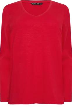 M&Co Womens M&Co Red V-Neck Long Sleeve Cotton Blend T-Shirt