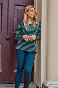 M&Co Womens M&Co Teal Blue Stripe V-Neck Long Sleeve Cotton T-Shirt