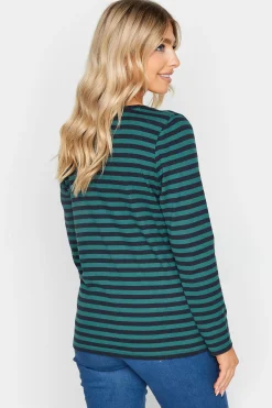 M&Co Womens M&Co Teal Blue Stripe V-Neck Long Sleeve Cotton T-Shirt