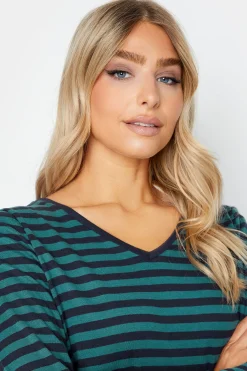 M&Co Womens M&Co Teal Blue Stripe V-Neck Long Sleeve Cotton T-Shirt