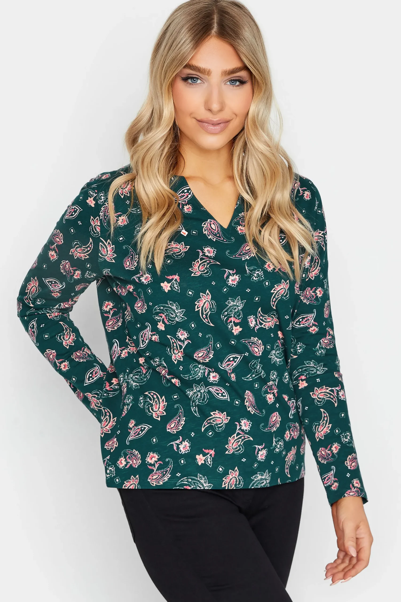 M&Co Womens M&Co Teal Green Paisley Print Notch Neck Cotton T-Shirt