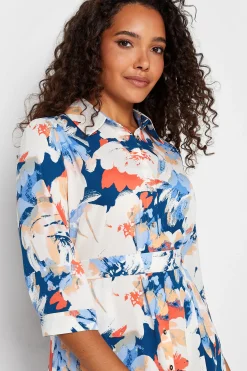 M&Co Womens M&Co White & Blue Floral Print Button Through Shirt Dress