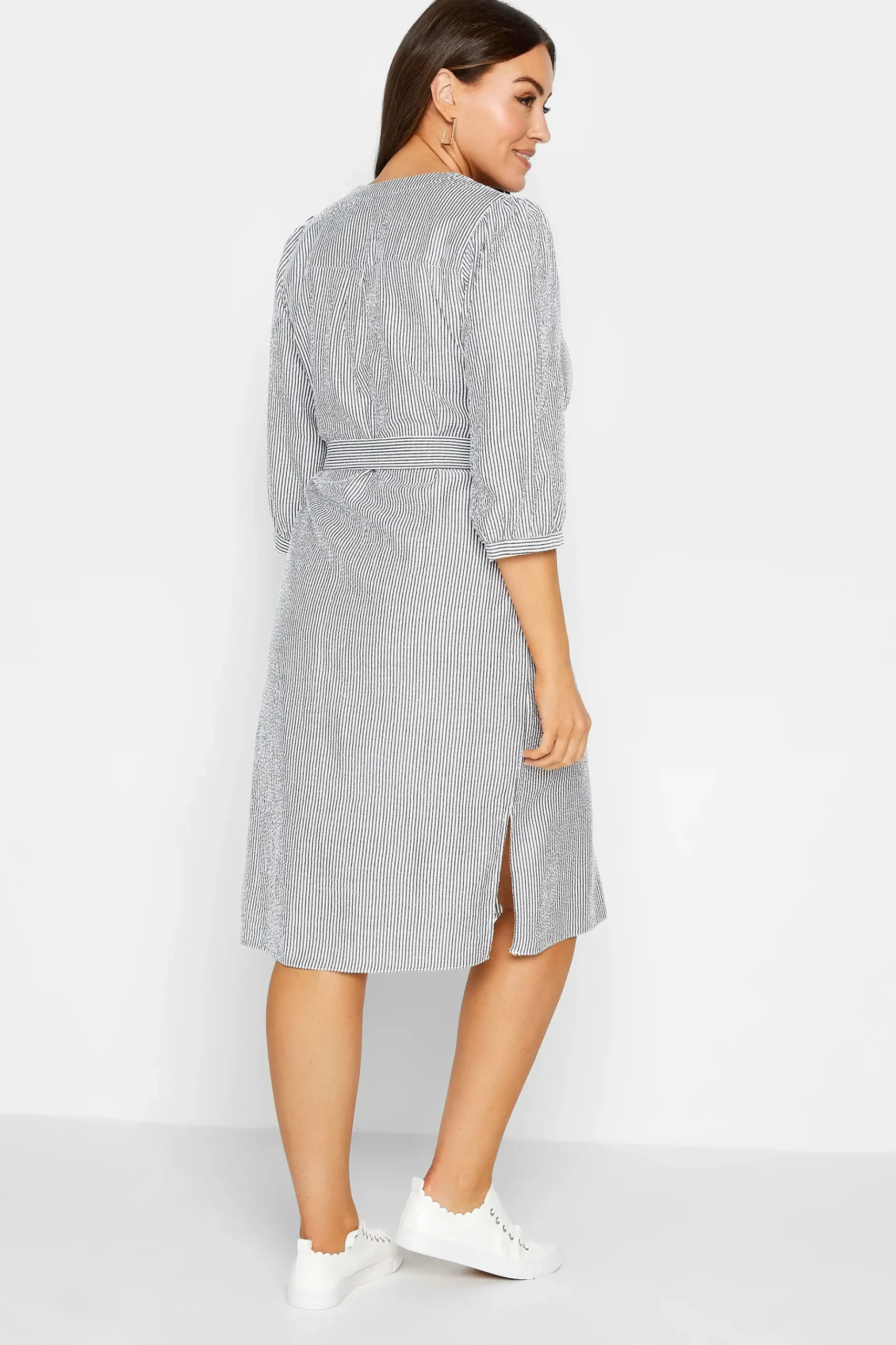 M&Co Womens M&Co White & Grey Stripe Print Tie Waist Tunic Dress