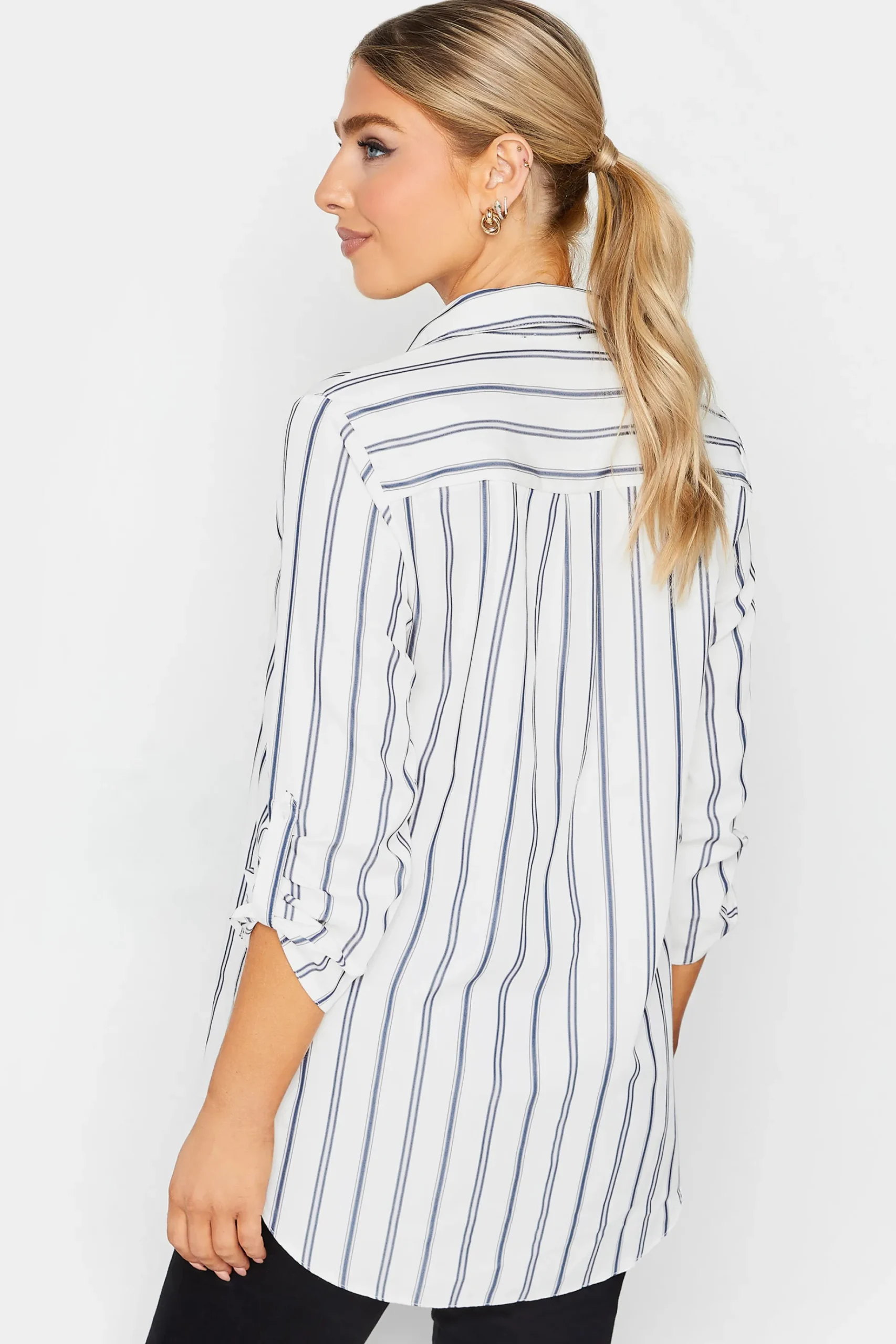 M&Co Womens M&Co White & Navy Blue Stripe Tab Sleeve Shirt