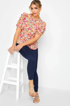 M&Co Womens M&Co White & Pink Floral Print Puff Sleeve Blouse