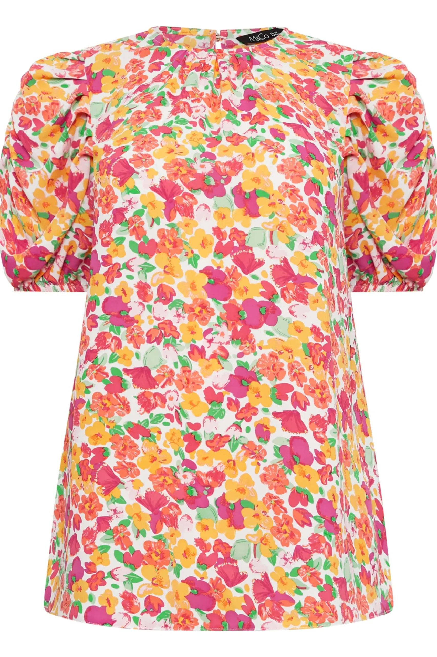 M&Co Womens M&Co White & Pink Floral Print Puff Sleeve Blouse