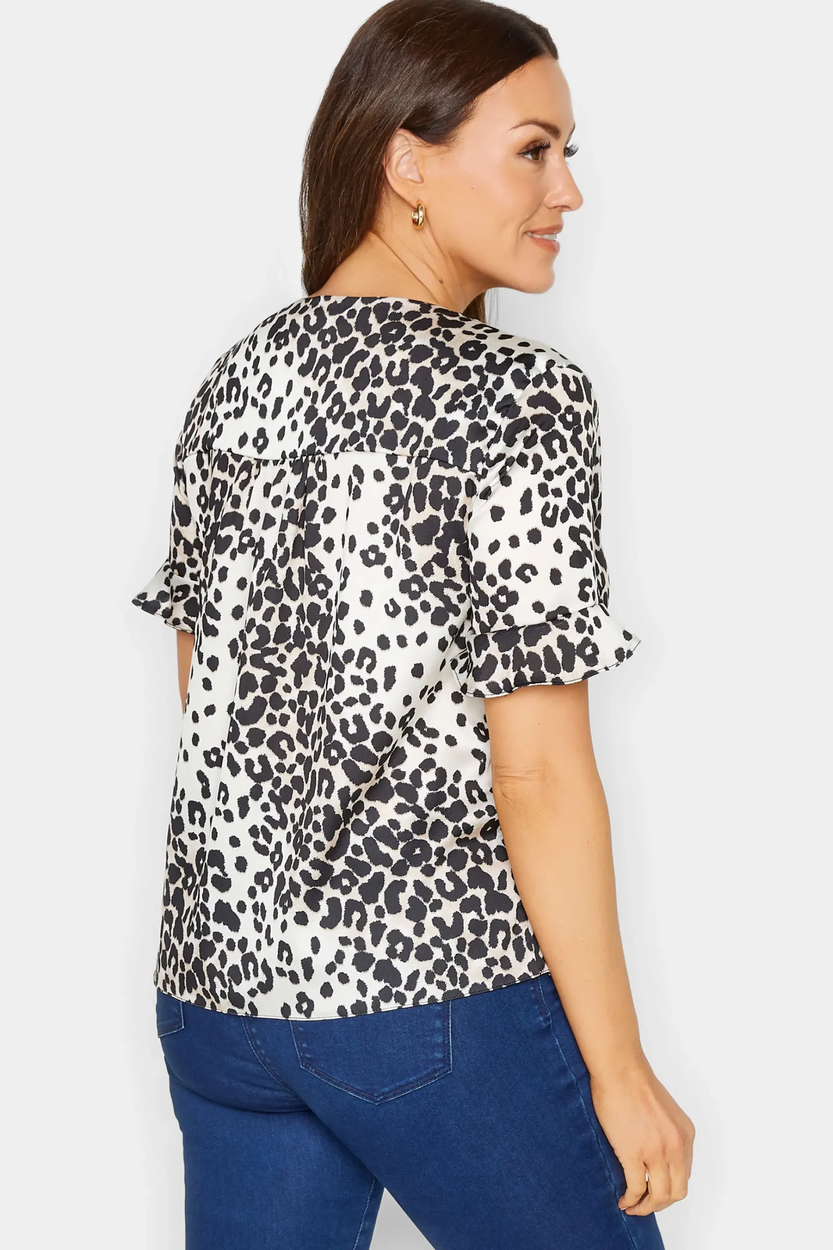 M&Co Womens M&Co White Animal Print Frill Sleeve Button Through Blouse