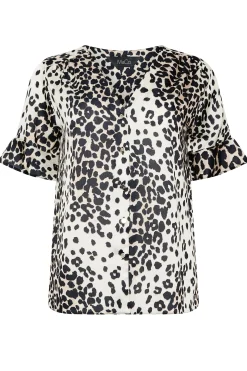 M&Co Womens M&Co White Animal Print Frill Sleeve Button Through Blouse
