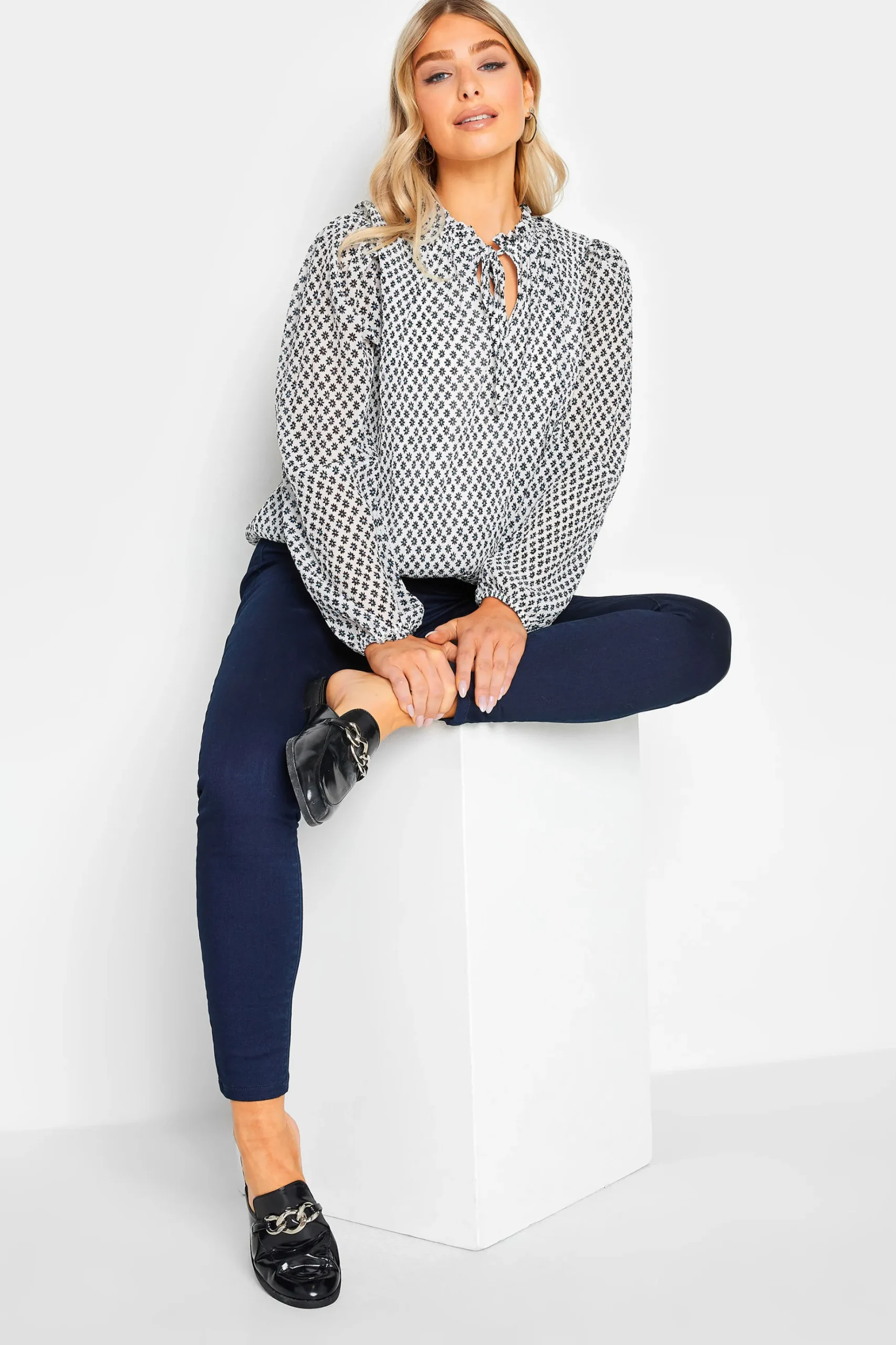M&Co Womens M&Co White Ditsy Print Tie Neck Blouse