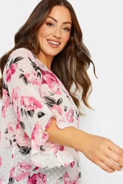 M&Co Womens M&Co White Floral Print Dobby Frill Sleeve Blouse