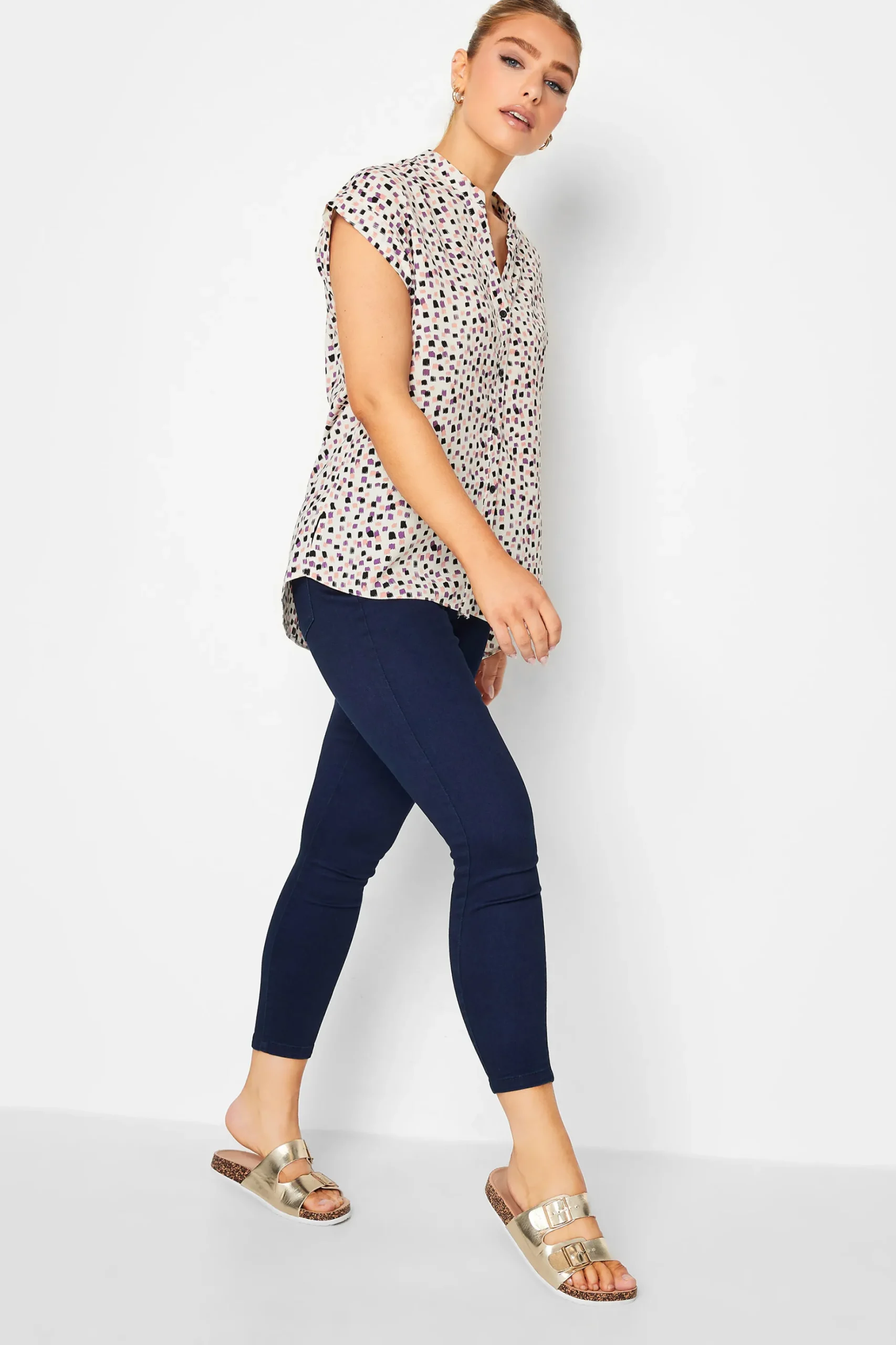 M&Co Womens M&Co White Spot Print V-Neck Blouse