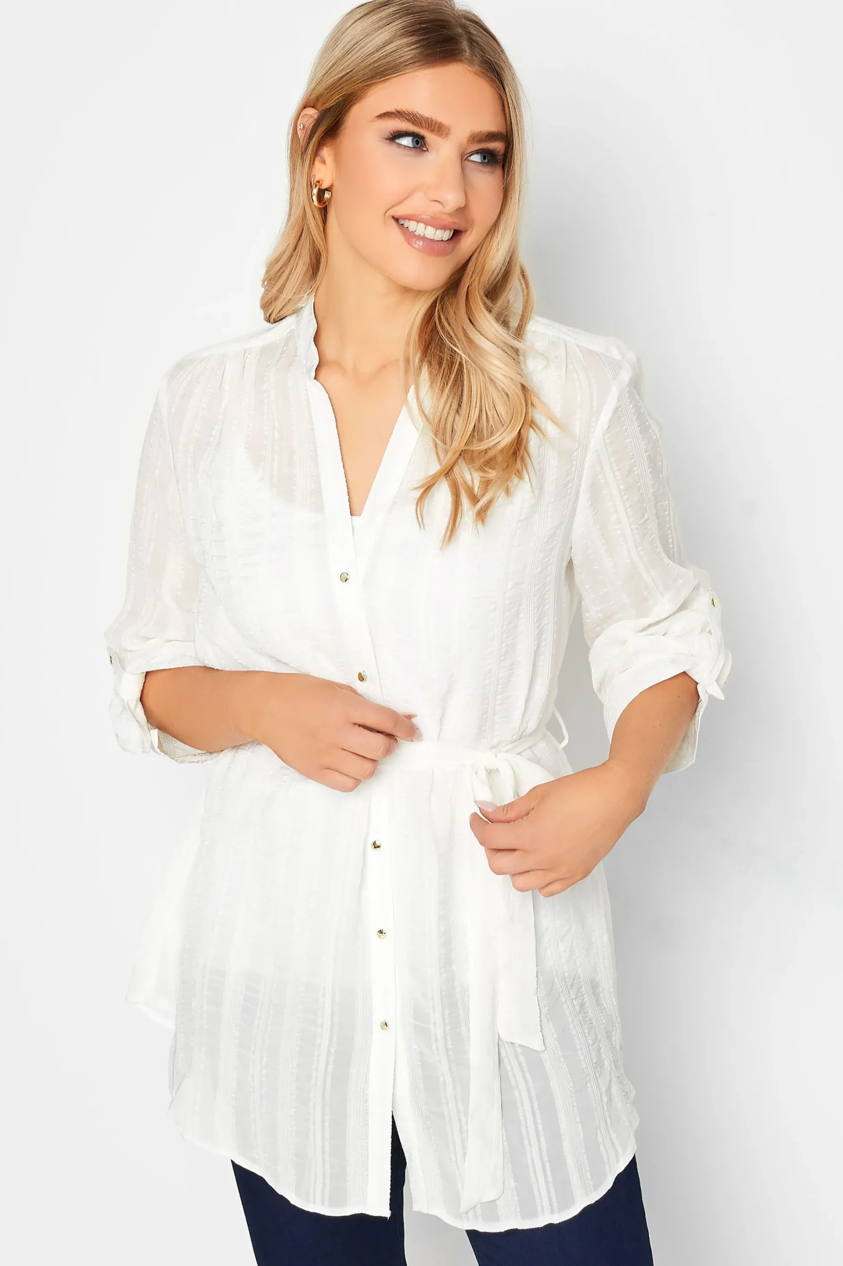 M&Co Womens M&Co White Tie Waist Textured Tunic Shirt