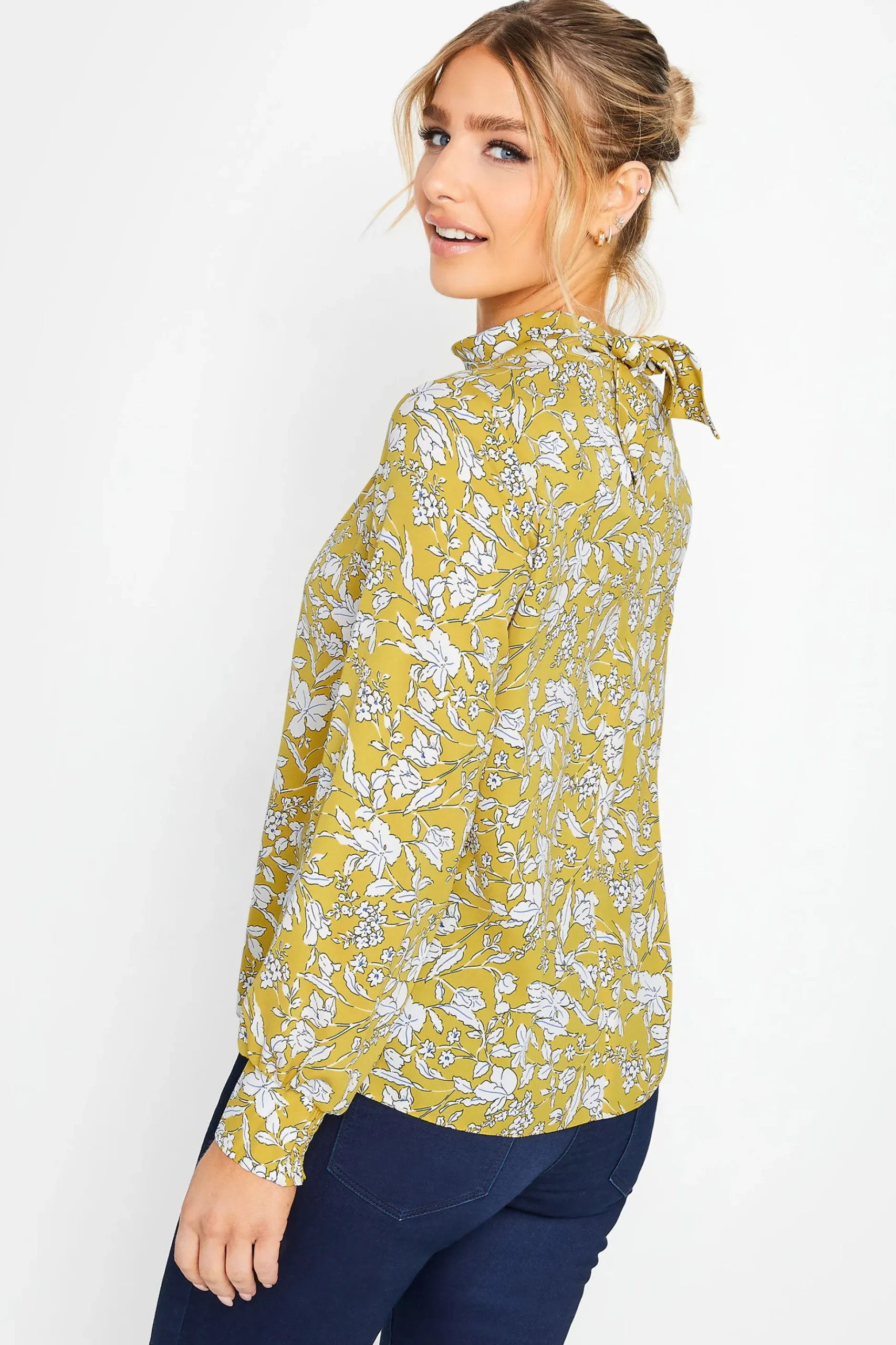 M&Co Womens M&Co Yellow Floral Print High Neck Blouse