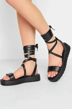 Pixiegirl Pixiegirl Black Ankle Tie Flatform Sandals In Standard Fit