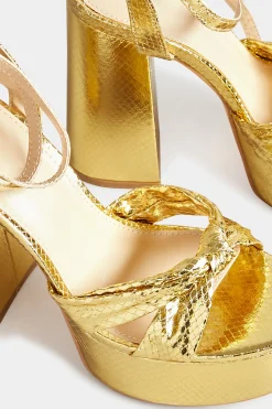 Pixiegirl Pixiegirl Gold Shine Platform Heels In Standard Fit