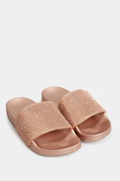 Pixiegirl Pixiegirl Rose Gold Diamante Sliders In Standard Fit