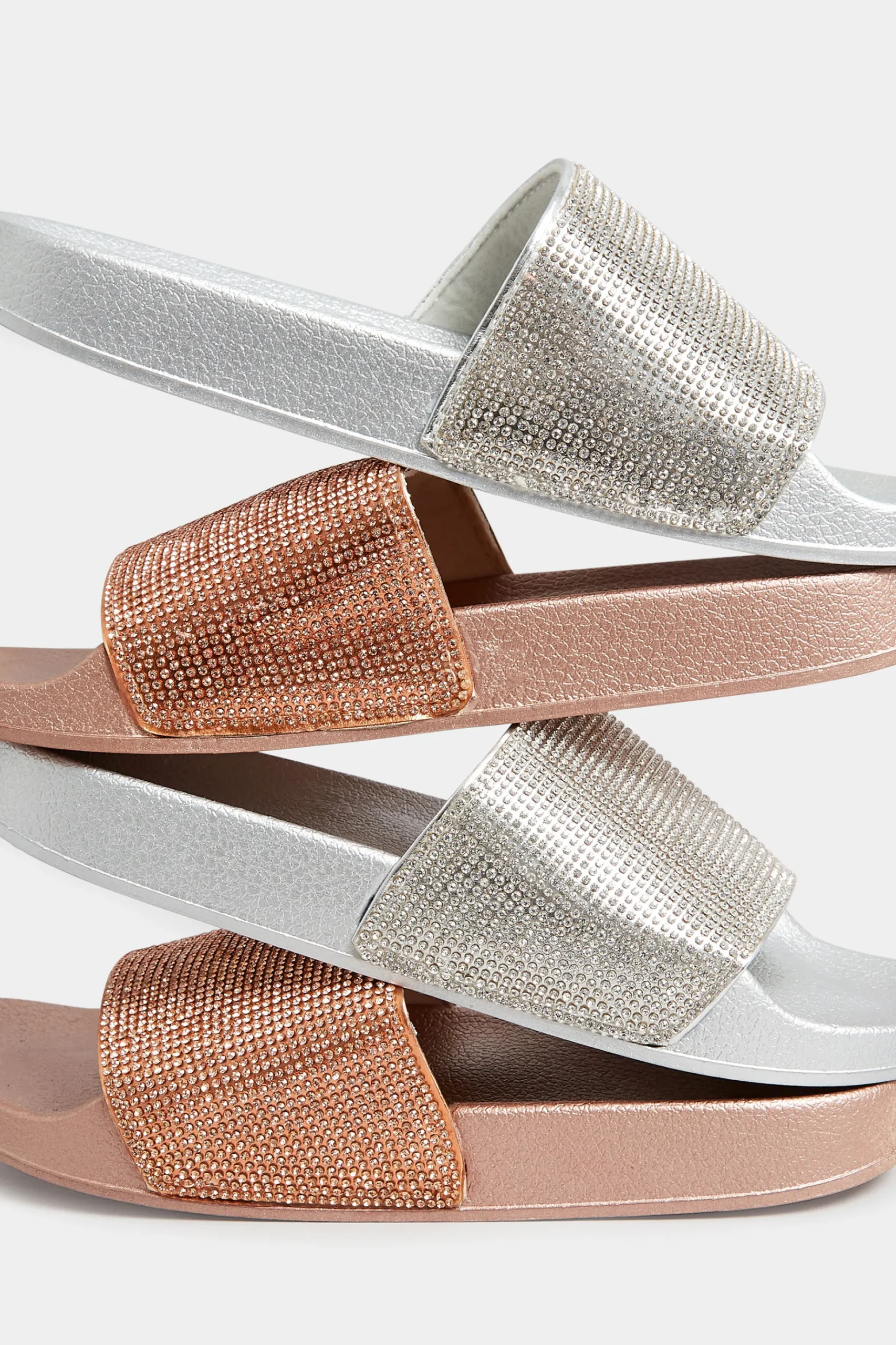 Pixiegirl Pixiegirl Rose Gold Diamante Sliders In Standard Fit