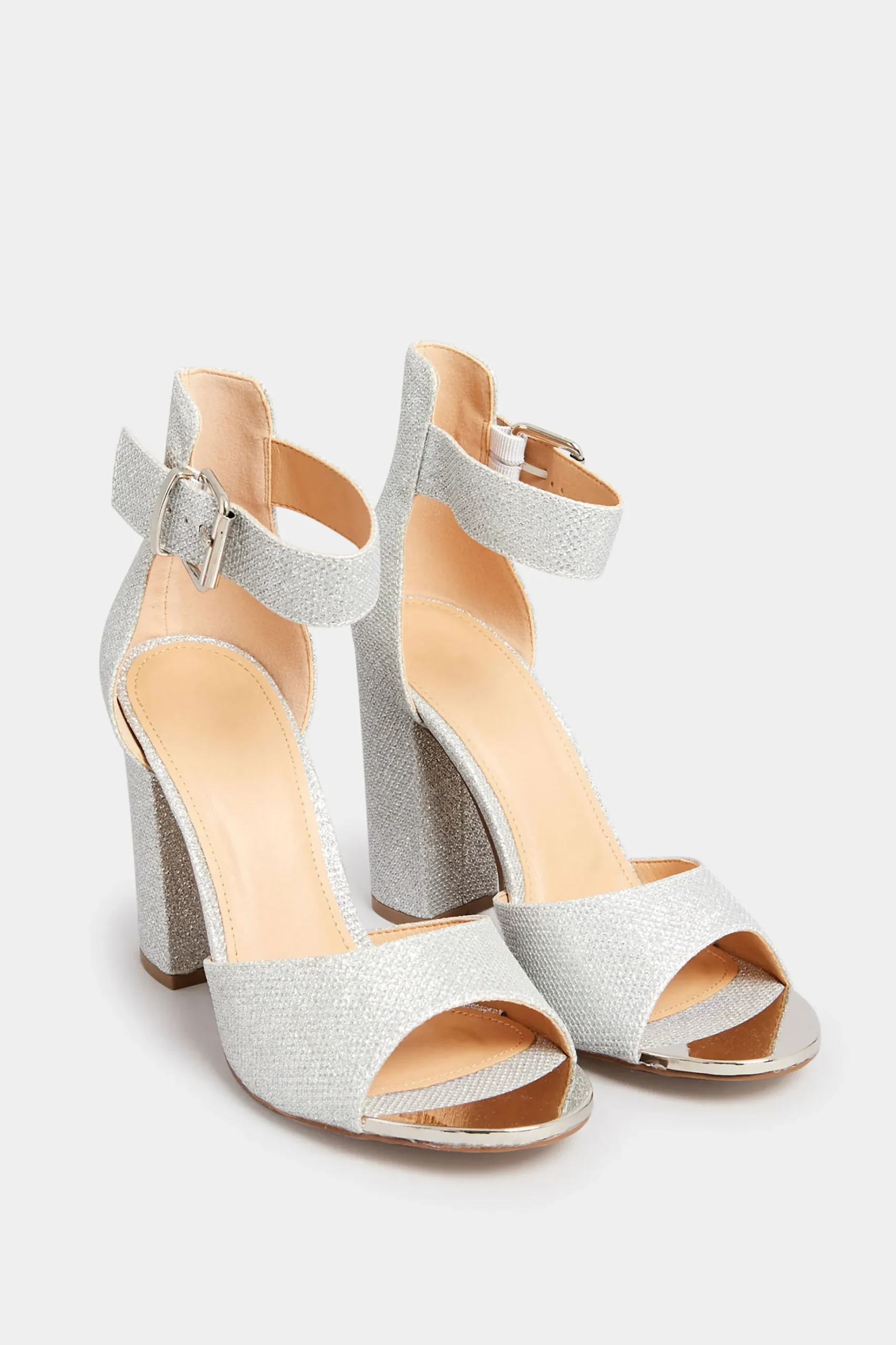 Pixiegirl Pixiegirl Silver Diamante Ankle Strap High Block Heels In Standard Fit