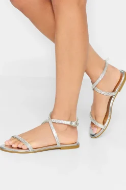 Pixiegirl Pixiegirl Silver Diamante Flat Sandals In Standard Fit