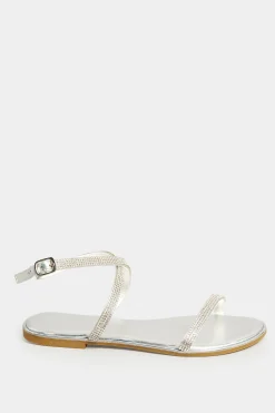 Pixiegirl Pixiegirl Silver Diamante Flat Sandals In Standard Fit