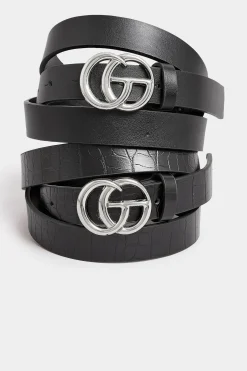 Yours Yours 2 Pack Black & Croc Print Initial Logo Belts