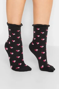 Yours Yours 4 Pack Black & Pink Heart Print Ankle Socks