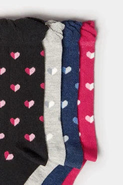 Yours Yours 4 Pack Black & Pink Heart Print Ankle Socks