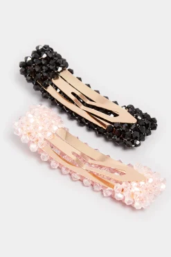 Yours Yours 2 Pack Black & Pink Cluster Crystal Hair Clips