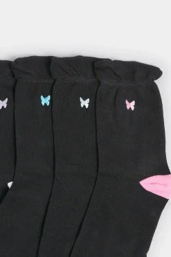 Yours Yours 4 Pack Black Butterfly Embroidered Ankle Socks