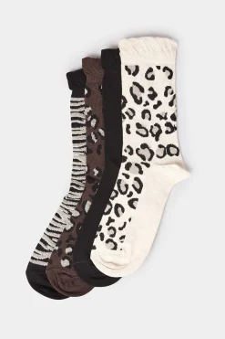 Yours Yours 4 Pack White & Black Animal Print Socks