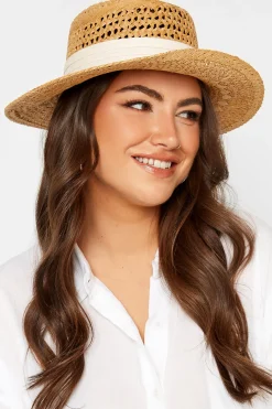 Yours Yours Beige Brown & White Straw Boater Hat