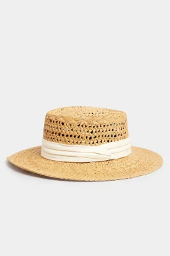 Yours Yours Beige Brown & White Straw Boater Hat