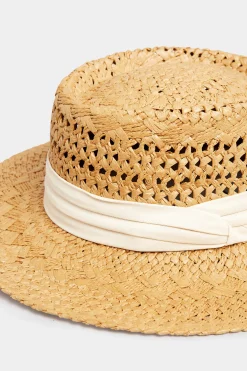 Yours Yours Beige Brown & White Straw Boater Hat
