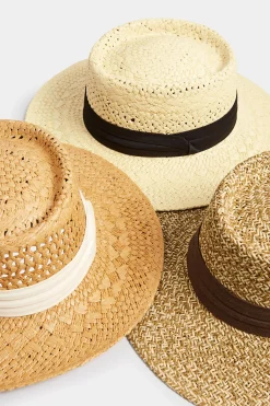 Yours Yours Beige Brown & White Straw Boater Hat