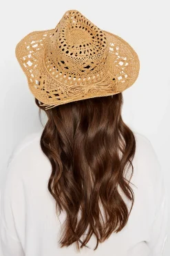 Yours Yours Beige Brown Straw Cut Out Cowboy Hat